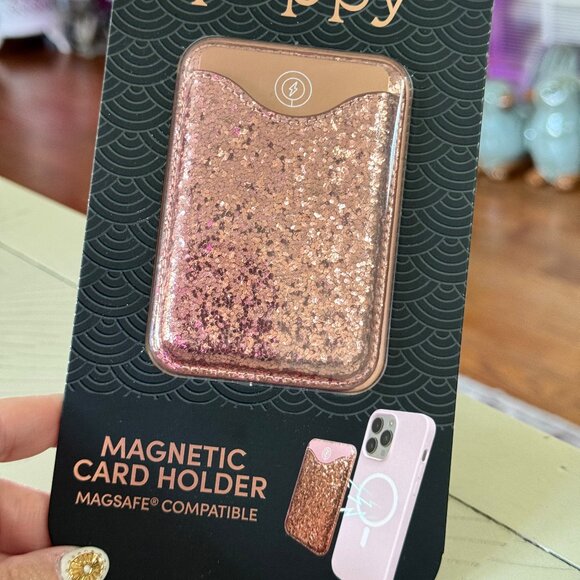 XO Poppy Rose Gold Glitter Magnetic Card Holder | MagSafe Compatible Wallet NEW - Picture 1 of 3